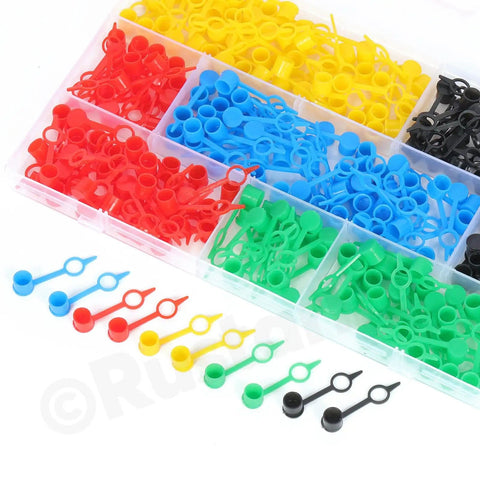 Assorted colors of 250Pcs Five Color Pro Grade Grease Fitting Cap Kit for Auto Cars and Motorcycles Zerk Fitting Covers in a plastic case