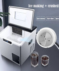 Heavy Duty Countertop Ice Maker Machine Portable Bullet Ice Cube Maker Self Cleaning Design with ice and glasses on a table.