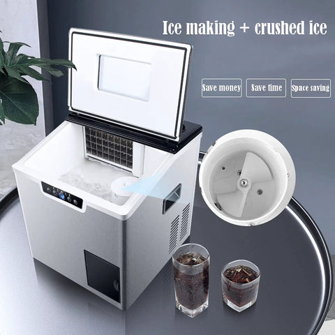 Heavy Duty Countertop Ice Maker Machine Portable Bullet Ice Cube Maker Self Cleaning Design with ice and glasses on a table.