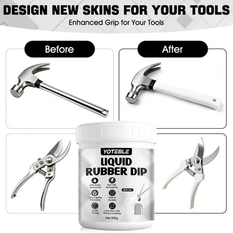 Image of Peelable Rubber Dip For Tools White Plastic Dip Grippy Anti Slip Durable Tool Handle Coating Waterproof Protection for Metal Wood Plastic In Extreme Temps Minus 30 F To 200 F Includes Brush and Gloves 300g, showing before and after coated tools.