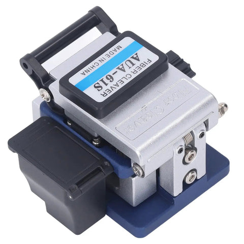 Fiber Cleaver FTTH Pro Grade Tool Kit With Precision Machined Optical Cable Cutter Stainless Steel And ABS Build Hot And Cold Splicing Ready Includes Waste Fiber Storage Box Durable Handy For Network Deployment, angled view with waste fiber box