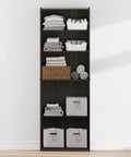 5 Tier Closet Organizer With Adjustable Shelves In Rich Espresso, Tall Bedroom Storage Rack displaying towels and storage bins.