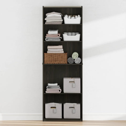 5 Tier Closet Organizer With Adjustable Shelves In Rich Espresso, Tall Bedroom Storage Rack displaying towels and storage bins.