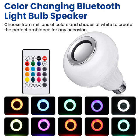 Color Changing Bluetooth LED Light Bulb With Built In Speaker Remote And App Control E26 Base White To Multicolor Lit Mood Lighting For Home Parties Bedroom And Living Room Easy Setup