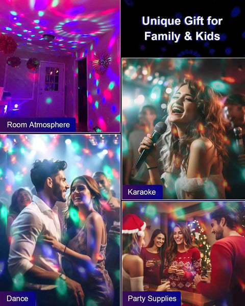 Multiple uses of Sound Activated Party Lights With Remote DJ Lighting 7 Modes Rotating Disco Ball in various party scenes