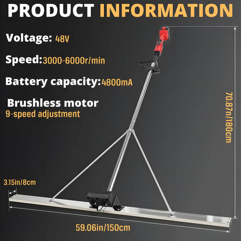 Pro Grade Cordless Concrete Screed Vibrator With 59 Inch Stainless Steel Straight Edge Board, brushless motor, 4800mAh battery.