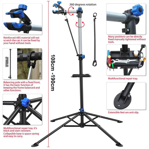 Beast Bicycle Repair Stand With Telescopic Arm Adjustable Height From Fifty Two To Seventy Five Inches 360 Degree Clamp