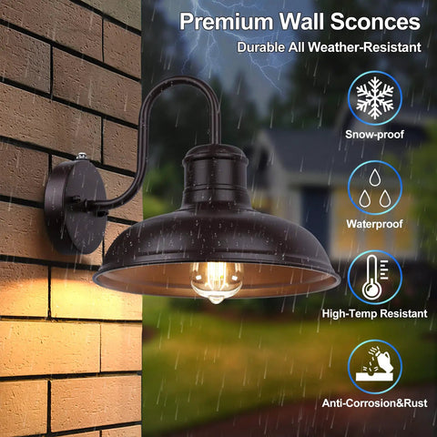 Two Pack Dusk To Dawn Outdoor Wall Sconces Gooseneck Barn Lights in oil-rubbed bronze on brick wall, rainy night view
