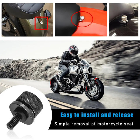 Heavy Duty Aluminum Knurled Motorcycle Seat Bolt Screws Featuring No Fuss Quick Swap For Dead Straight Hand Tightening On Custom Baggers And Touring Cruisers Matte Black Hardware Upgrade Kit close-up of seat bolt installation on custom motorcycle seat.