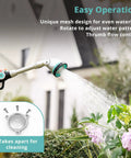 16 Inch Long Reach Watering Wand With 90 Degree Head Thumb Control And 6 Spray Patterns For Hanging Baskets Shrubs And Hard To Reach Plants Heavy Duty Garden Hose Nozzle, showing adjustable mesh design and flow control feature in use.