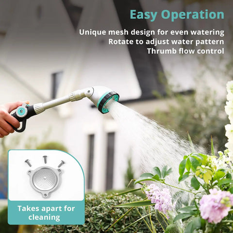 16 Inch Long Reach Watering Wand With 90 Degree Head Thumb Control And 6 Spray Patterns For Hanging Baskets Shrubs And Hard To Reach Plants Heavy Duty Garden Hose Nozzle, showing adjustable mesh design and flow control feature in use.