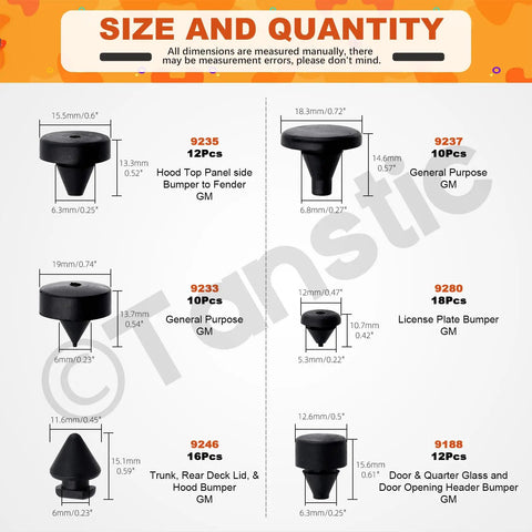 Diagram showing sizes and quantities from 160 Piece Black Automotive Rubber Bumper Stopper Kit With 12 Types Heavy Duty Rubber Bumpers For Ford And GM Vehicles