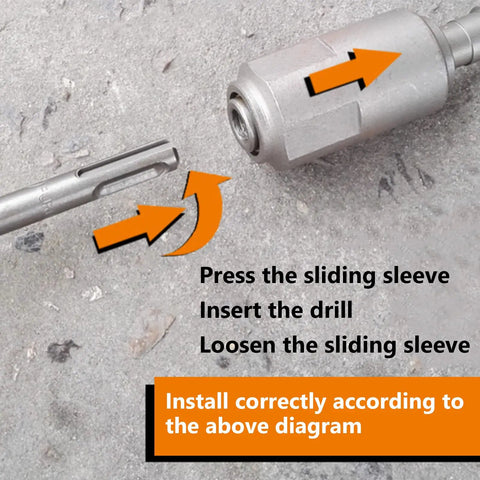 Installation diagram for Beefy SDS to SDS Plus Drill Adapter For Rotary Hammers, showing sliding sleeve mechanism.