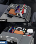 Before and after using Ford Jump Seat Center Console Organizer Front Armrest Tray For 2011-2025 F150 F250 F350 F450 F550 F650 Trucks Front Seat Headrest Storage Solution For Pickup, showing organized items.