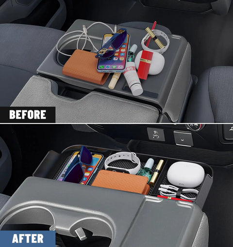 Before and after using Ford Jump Seat Center Console Organizer Front Armrest Tray For 2011-2025 F150 F250 F350 F450 F550 F650 Trucks Front Seat Headrest Storage Solution For Pickup, showing organized items.