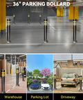 Rock Solid 32 Inch Stainless Steel Security Bollard 2 Pack With High Visibility Reflective Tape and Full Anchor Bolt Kit in parking area.
