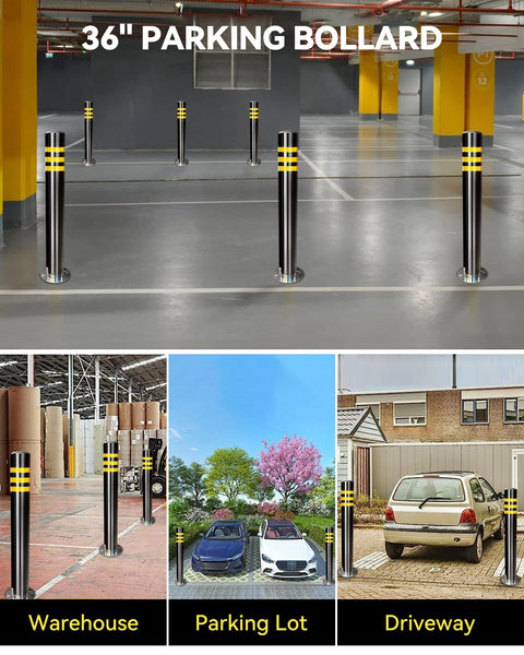 Rock Solid 32 Inch Stainless Steel Security Bollard 2 Pack With High Visibility Reflective Tape and Full Anchor Bolt Kit in parking area.
