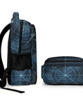 Side view of Lit Light Blue Celestial Star Chart Backpack For Everyday Use Unisex Large Capacity Daypack with cosmic print