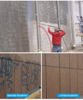 Dustless Wet Sandblasting Kit for Pressure Washer 5000 PSI used for graffiti removal on a concrete wall with before and after shots.