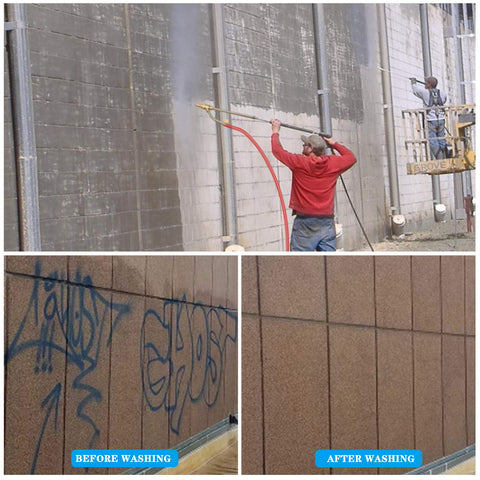 Dustless Wet Sandblasting Kit for Pressure Washer 5000 PSI used for graffiti removal on a concrete wall with before and after shots.