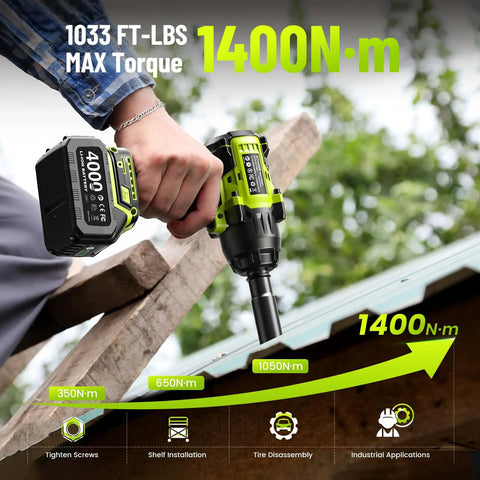Heavy Duty 1/2 Inch Cordless Brushless Impact Wrench Packing Beast Mode 1032 Ft Lbs Of Breakaway Torque gripping handle of wrench with battery