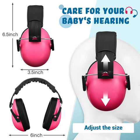 Adjustable pink 9 Pack Kids Earmuffs For Noise Reduction 29dB showing size and fit for toddlers on mannequin head.