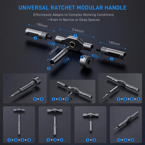 Go To All In One 74 In 1 Magnetic Ratchet Screwdriver Set universal ratchet handle assembly with modular parts and dimensions