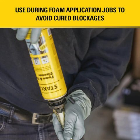 Person using Spray Foam Gun Cleaner And Uncured Polyurethane Foam Dissolver 12.3 Oz 1 Pack for quick cleanup on insulation gun