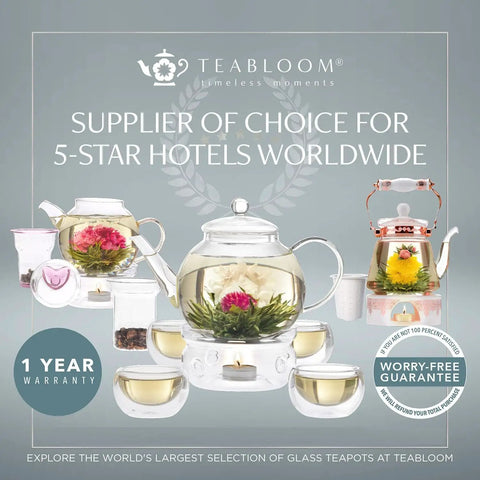 All In One Extra Large Multi Brew Borosilicate Glass Teapot Kettle and Pitcher with Tip and Pour Filter Lid for Hot Tea Iced Tea Cold Brew and Fruit Infused Water Plastic Free No Fuss displayed with tea flowers and cups