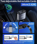 Retractable 4 In 1 Fast Car Charger with USB C and USB A Ports, shown with two adjustable 80cm cords, charging a device in a car.