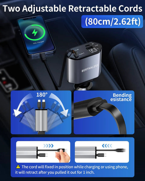 Retractable 4 In 1 Fast Car Charger with USB C and USB A Ports, shown with two adjustable 80cm cords, charging a device in a car.