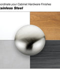 Stainless steel cabinet hardware in circular design on mixed finishes background, for Lincoln Collection 1 5 16 Inch Center To Center handle.