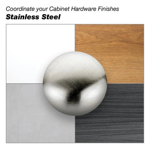 Stainless steel cabinet hardware in circular design on mixed finishes background, for Lincoln Collection 1 5 16 Inch Center To Center handle.