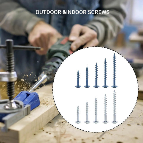 680 Piece Pocket Hole Screw Set With Five Sizes Blue Ceramic Coated And Zinc Coated Square Drive Self Tapping Coarse Thread Wood Screws For Pocket Hole Joinery In Inch Sizes From Eight To Two And A Half Inches For DIYers, shown with drilling in wood