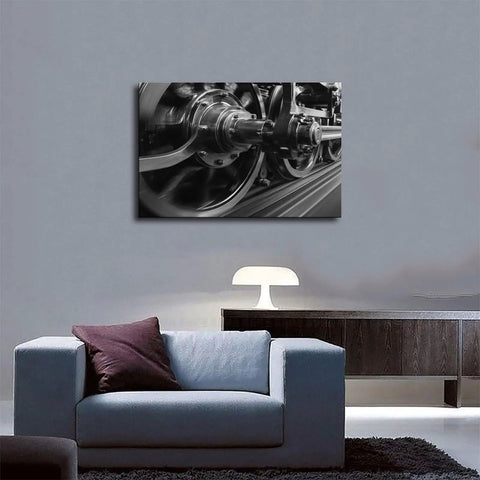 Living room setting with Speeding Steam Locomotive Wheels Black And White Transport Canvas Poster, unframed, 24x36 inch wall art
