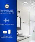Whisper Quiet Dual Speed Ceiling And Wall Mount Bathroom Exhaust Fan With DC ECM Motor And SmartFlow Technology installed in white bathroom