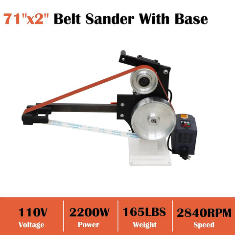 Heavy Duty Variable Speed Bench Belt Sander Beefed Up Workhorse For Metalworking And Knife Making Includes Grinding Discs And Mounting Base Runs Slick With 2200 Watt Motor, 71"x2" size, adjustable speed.