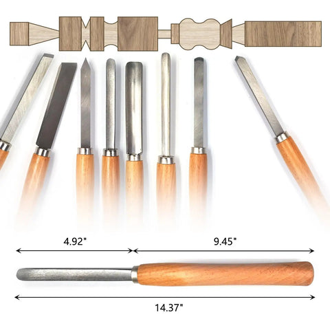 Pro Grade Woodturning Tools Kit With Eight Badass Heavy Duty Lathe Chisels including eight various steel chisels with wooden handles.
