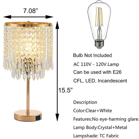 Gold Crystal Table Lamps Set Of 2 With USB Ports And 3-Way Touch Dimmer, crystal lamp dimensions and bulb details