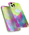 Full Body Skin Decal Wrap Kit for iPhone 11 With Spiral Tie Dye Pattern V7 on phone back and front, showing vivid colors