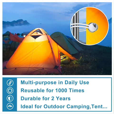 Camping tents secured with Six Inch White Ball Bungee Cords 50 Pcs Heavy Duty Tarp Ball Bungee Ties Canopy Tie Downs for outdoors.