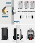 Sleek Matte Black Fingerprint Deadbolt Smart Lock Offering Straight Up Game Changing Keyless Security With AI Fast Unlock Sensor And Sturdy Touchscreen Keypad Setup installation guide with dimensions and compatibility details.