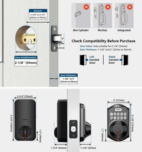 Sleek Matte Black Fingerprint Deadbolt Smart Lock Offering Straight Up Game Changing Keyless Security With AI Fast Unlock Sensor And Sturdy Touchscreen Keypad Setup installation guide with dimensions and compatibility details.