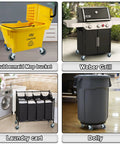 Yellow Rubbermaid mop bucket with wringer, mounted on four swivel caster wheels.
Weber gas grill on a wheeled cabinet frame with four caster wheels.
Laundry cart with six black fabric hampers on a metal frame and four caster wheels.
Grey trash can with lid on four caster wheels, rolling on an indoor floor.