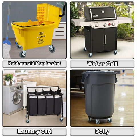 Yellow Rubbermaid mop bucket with wringer, mounted on four swivel caster wheels.
Weber gas grill on a wheeled cabinet frame with four caster wheels.
Laundry cart with six black fabric hampers on a metal frame and four caster wheels.
Grey trash can with lid on four caster wheels, rolling on an indoor floor.