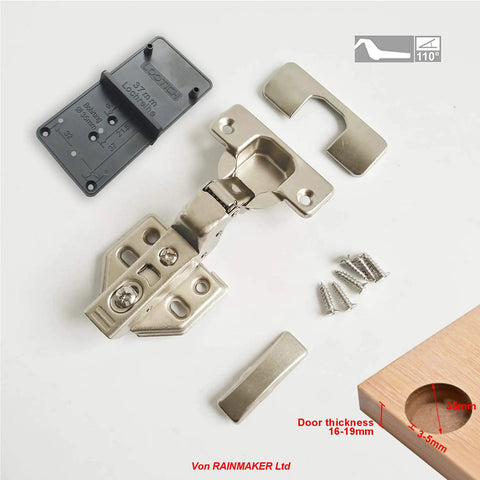 Super Quiet Soft Close Concealed Cabinet Hinges For Kitchen Units 110 Degree Inset And Recessed Mount 35mm Heavy Duty Steel Door Fittings detailed view with mounting plate and screws.
