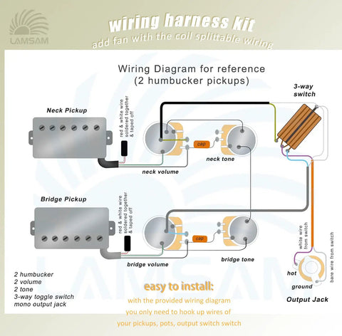 Wiring diagram for Prewired 3 Way Toggle Harness for Les Paul Style Guitars Ready to Install showing humbucker connections.