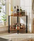 Chic Two Tier Industrial Corner Bookshelf Heavy Duty Wood Grain Metal Frame Space Saving Rustic Display Rack with spices and bottles.