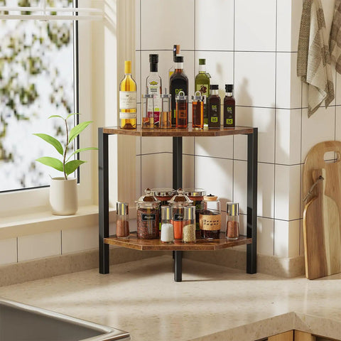 Chic Two Tier Industrial Corner Bookshelf Heavy Duty Wood Grain Metal Frame Space Saving Rustic Display Rack with spices and bottles.