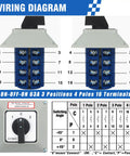 Wiring diagram for 63A Rotary Changeover Switch With Exterior IP65 Enclosure, 4NO 4NC, 2 Way 3 Position Cam Switch.